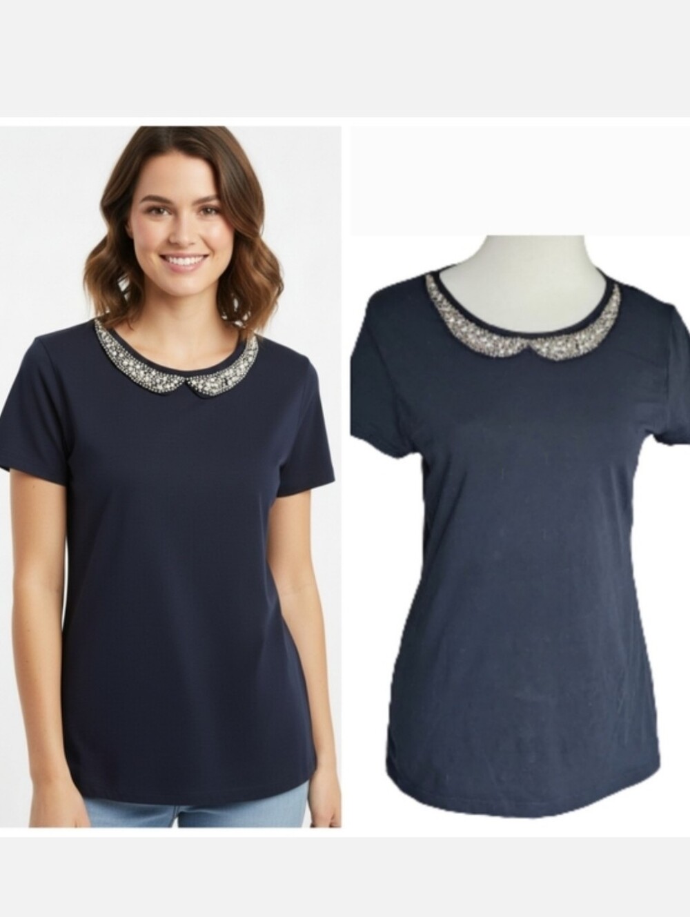 Banana Republic jeweled collar black short sleeve top women's size medium